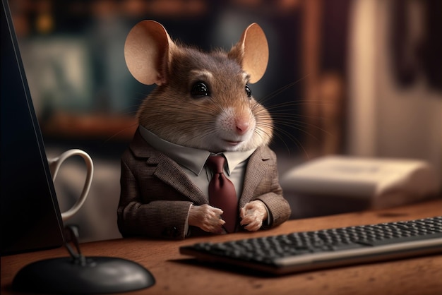 A mouse in a suit sits at a desk in front of a computer monitor.