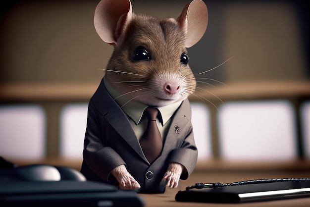 A mouse in a suit stands at a desk with a calculator.