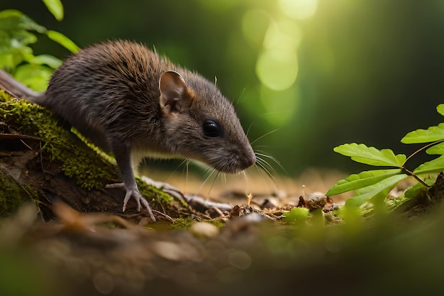 A mouse in a tree with a green leaf in the background