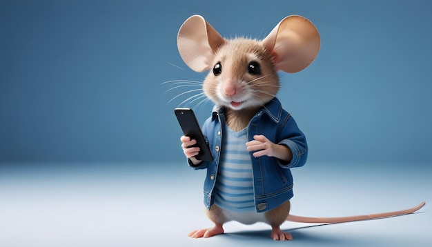 A mouse wearing a casual clothes and holding a smartphone against a blue background