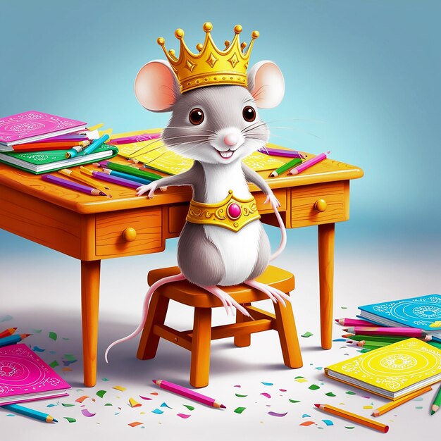 Photo a mouse wearing a crown sits at a desk with books and notebooks on it