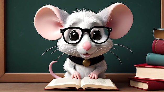 a mouse wearing glasses and a black vest reading a book