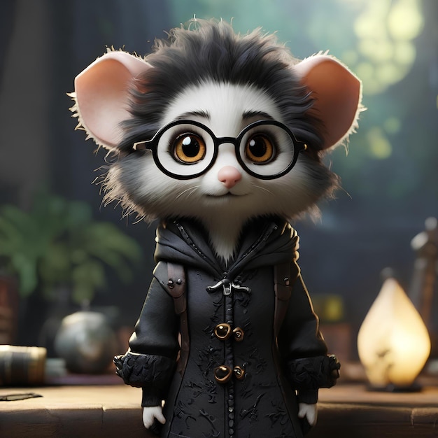 a mouse wearing glasses and a jacket with a black jacket that says mouse