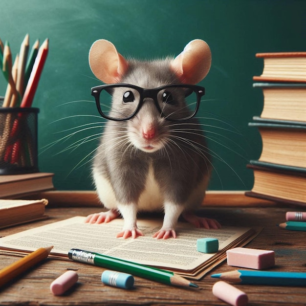 a mouse wearing glasses sits on a book with pencils and pencils