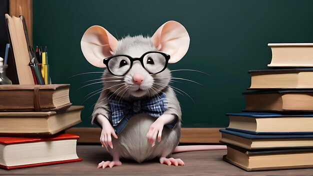 Photo a mouse wearing glasses sits on a bookshelf with books