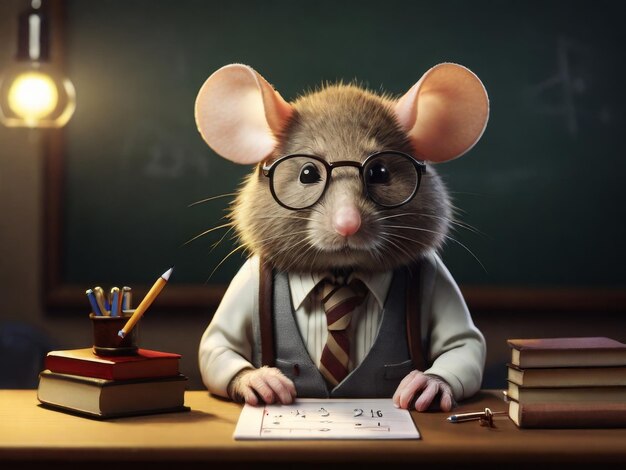 Photo a mouse wearing glasses sits at a desk with a book and pencils