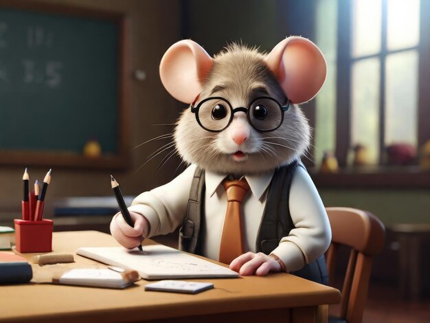 Photo a mouse wearing glasses sits at a desk with a pencil and a pen