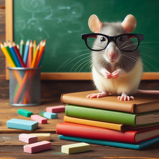 a mouse wearing glasses sits on a stack of books with pencils and pencils