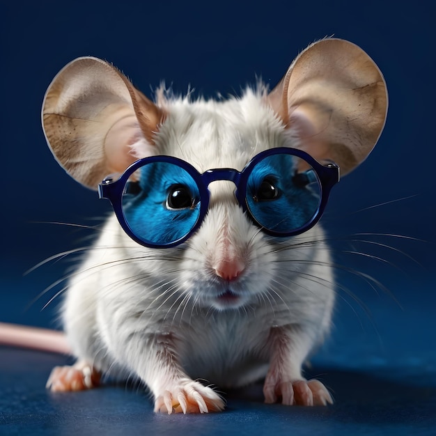 Photo a mouse wearing goggles with blue lens and a blue lens