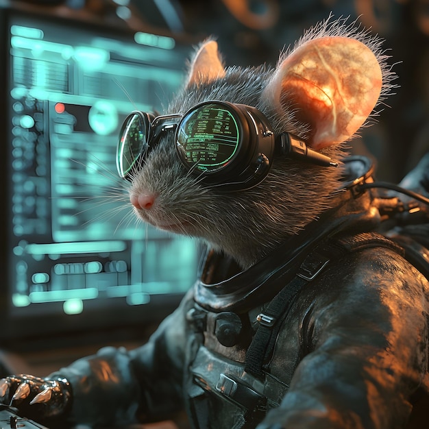 Photo a mouse wearing goggles with a computer screen behind it