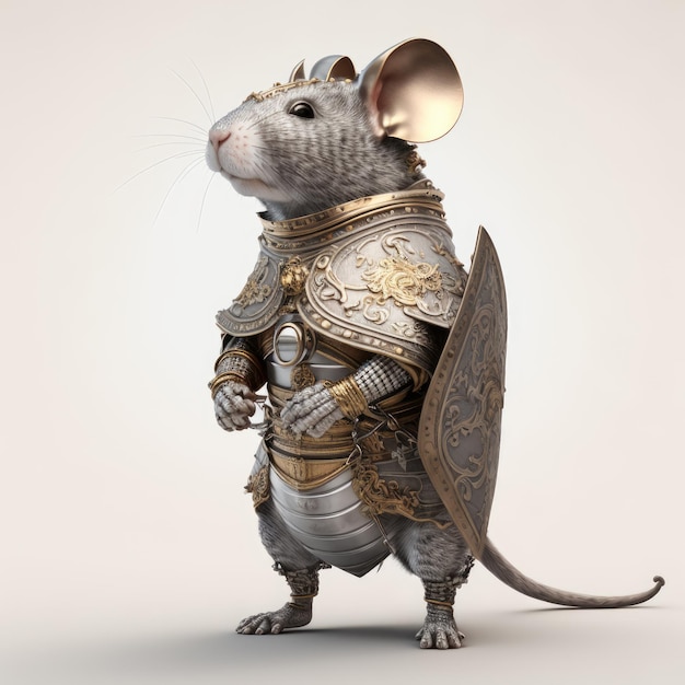 A mouse wearing a golden armor stands in front of a white background.