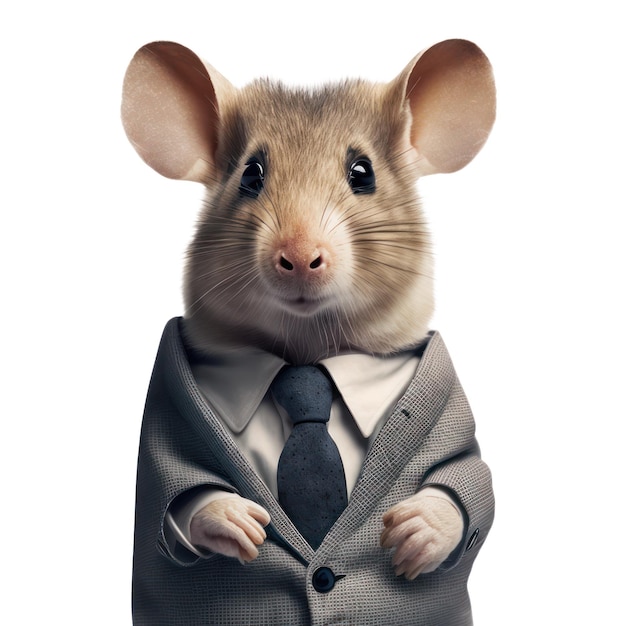 A mouse wearing a suit that says'rat'on it