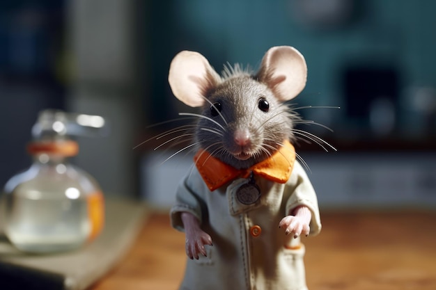 A mouse wearing a suit with a bow tie stands on a table.