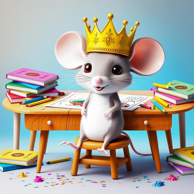 Photo a mouse with a crown on his head sits on a table with books and a yellow crown on it