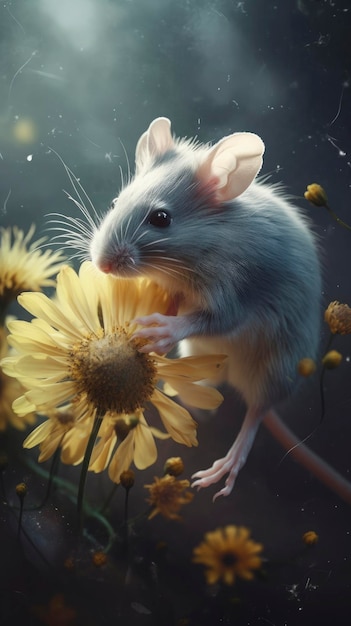 Mouse with flowers blowing in the air in the style of realistic landscapes with soft tonal colors generat ai