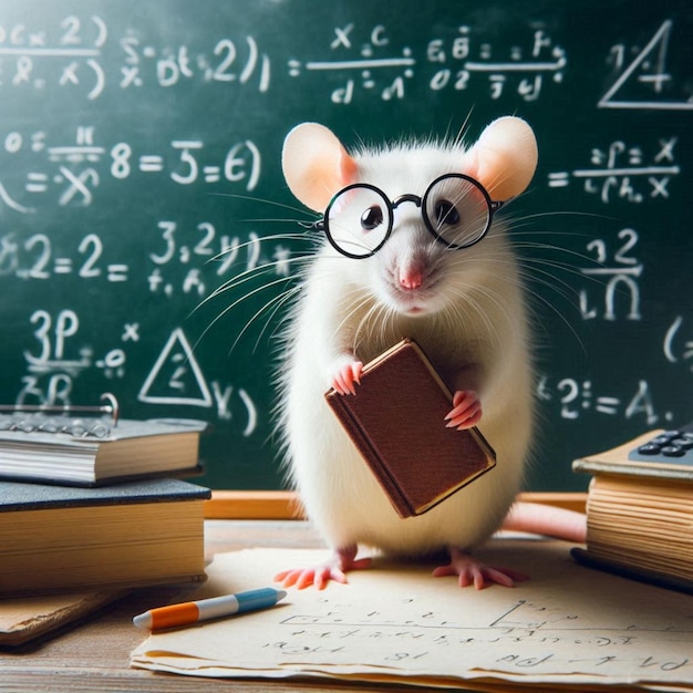 a mouse with glasses holding a book in his mouth