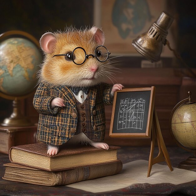 Photo a mouse with glasses is standing on a book with a globe on it