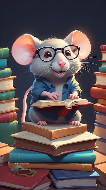 Photo a mouse with glasses reading a book with a book in his lap