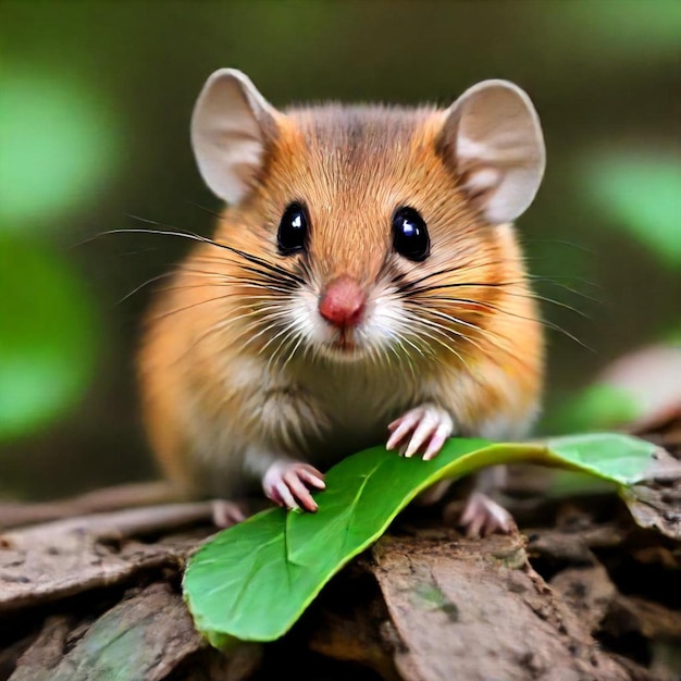 a mouse with a long nose is sitting on a leaf