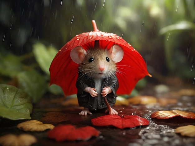 a mouse with a red umbrella and rain drops