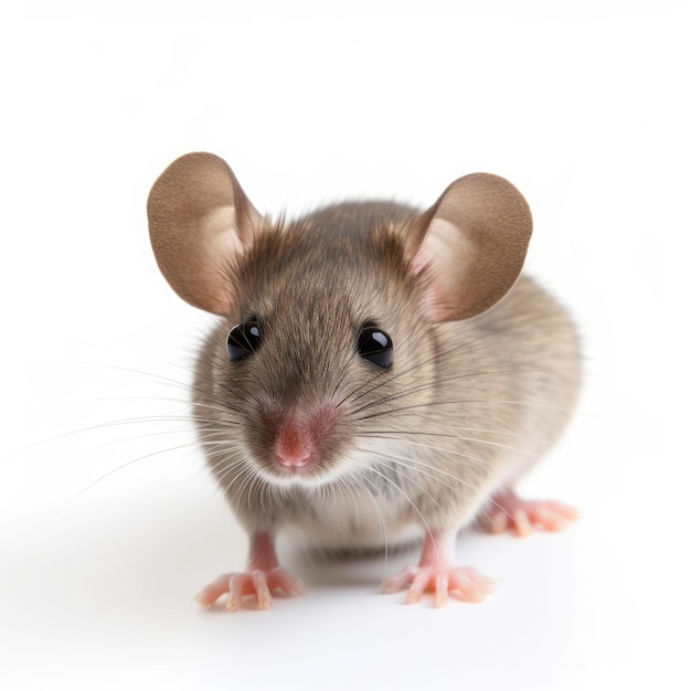 A mouse with a white background and a brown eared mouse on its head.