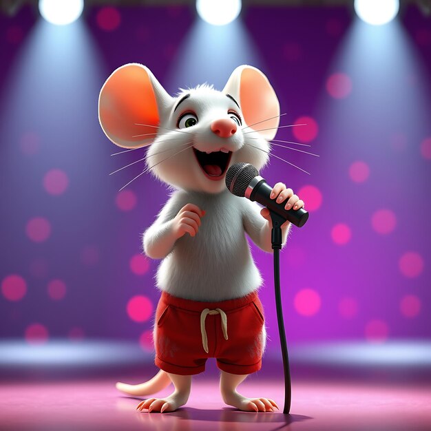 Photo a mouse with a white shirt and red shorts is singing into a microphone