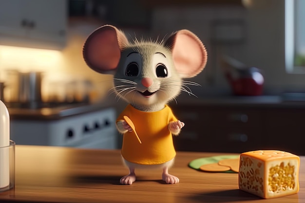 A mouse in a yellow shirt stands on a wooden table in a kitchen.