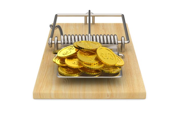 Mousetrap and money on white background Isolated 3d illustration