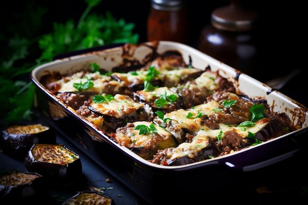 Moussaka a Greek baked eggplant and meat dish Generative Ai