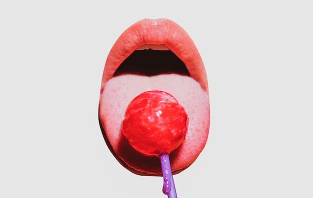 Mouth licking lollipop red female glossy lips and pink candy lollipop isolated on white