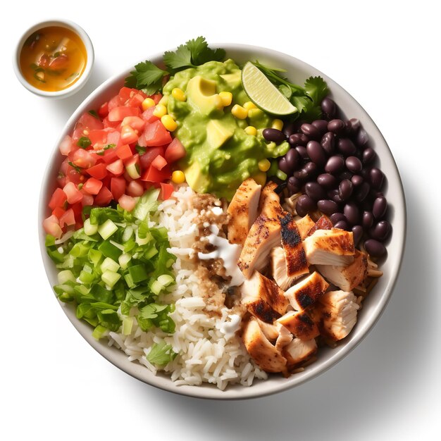 Mouth Watering Chicken and Rice Burrito Bowl isolated on white background