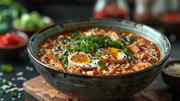 Mouth watering photo of spicy ramen on a bowl