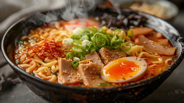 Mouth watering Steaming Bowl of Delectable Ramen with Perfectly Placed Toppings