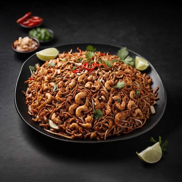 a mouthfilling traditional Malaysian Char Kway Teow on a black background