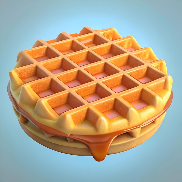 A mouthwatering 3D illustration of a golden brown waffle dripping with sweet syrup