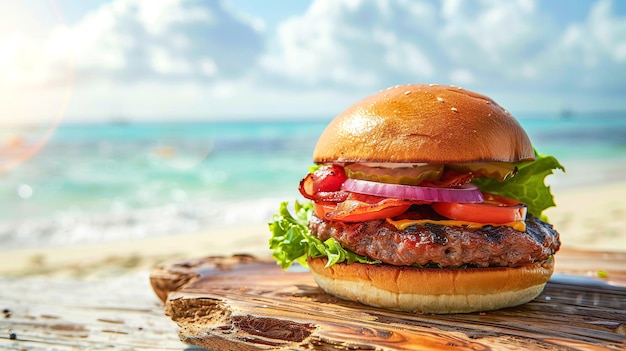 Photo a mouthwatering bbq beach burger with juicy beef patty crispy bacon melted cheese lettuce tomato and