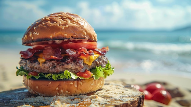 A mouthwatering BBQ beach burger with juicy beef patty crispy bacon melted cheese lettuce tomato and