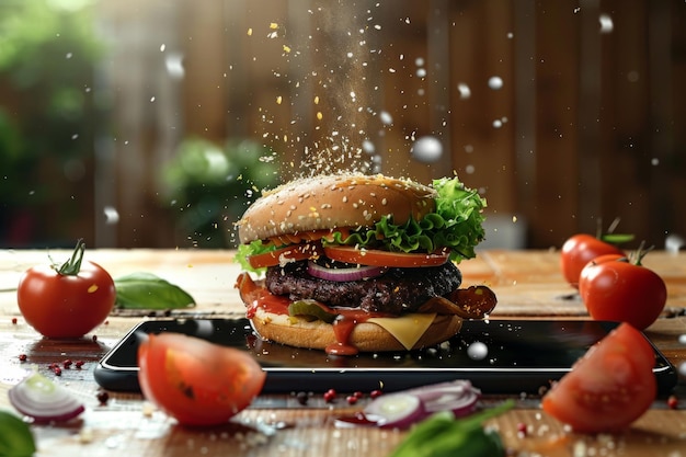 Photo a mouthwatering burger topped with fresh vegetables and spices in a rustic setting