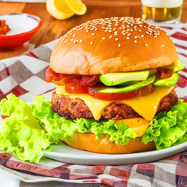 A mouthwatering burger with a generous amount of cheese topped with crispy bacon and avocado slice