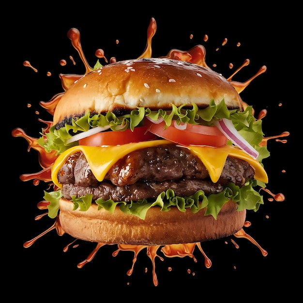 a mouthwatering cheese burger in black background