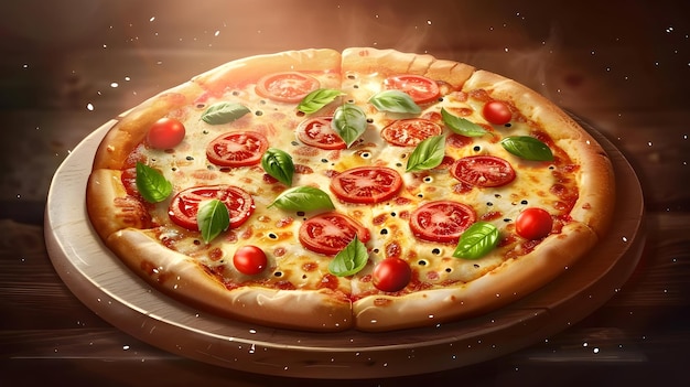 Mouthwatering cheese pizza with fresh toppings A delicious whole cheese pizza topped with tomatoes and basil giving an appetizing look