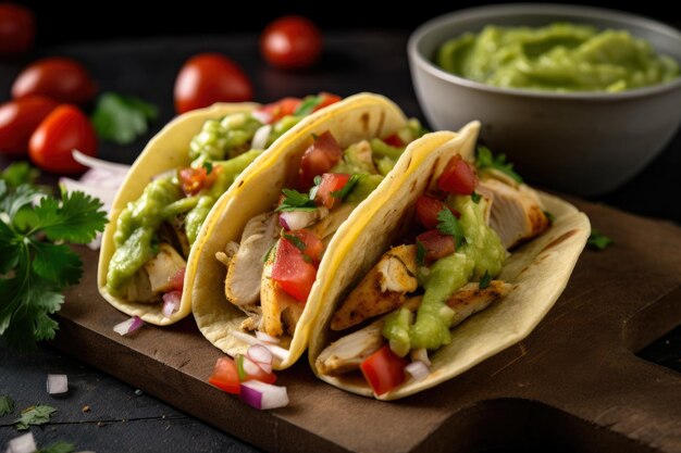 Mouthwatering Chicken Tacos with Fresh Guacamole and Salsa Verde on Top