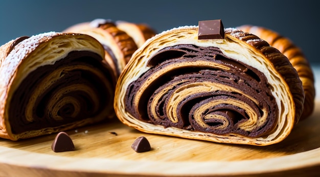 A mouthwatering chocolate croissant with a luscious creamy filling