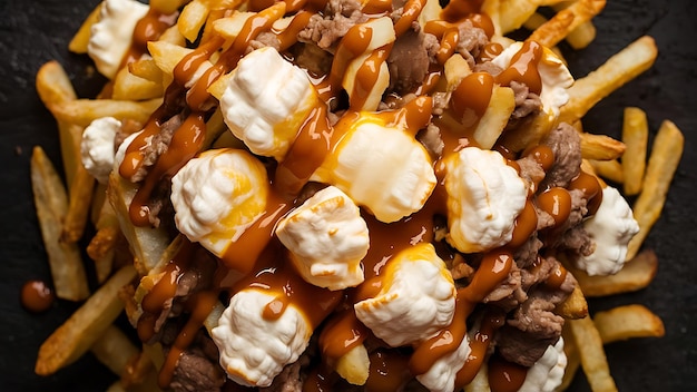 A mouthwatering closeup food photograph showcasing a classic Canadian poutine