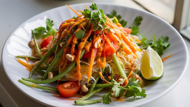 A mouthwatering closeup food photograph of Som Tam