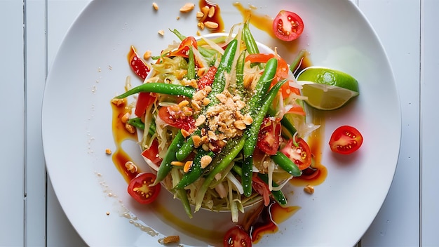 A mouthwatering closeup food photograph of Som Tam