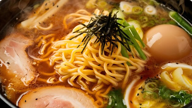 A mouthwatering closeup food photograph of a steaming bowl of ramen