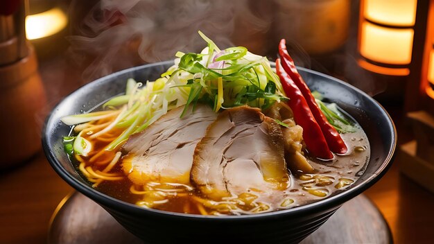 A mouthwatering closeup food photograph of a steaming bowl of ramen