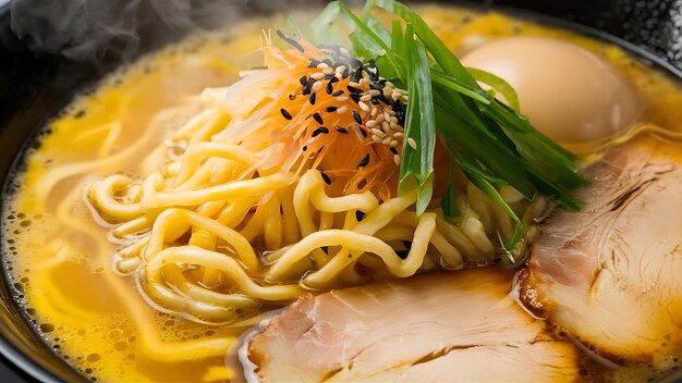 A mouthwatering closeup food photograph of a steaming bowl of ramen