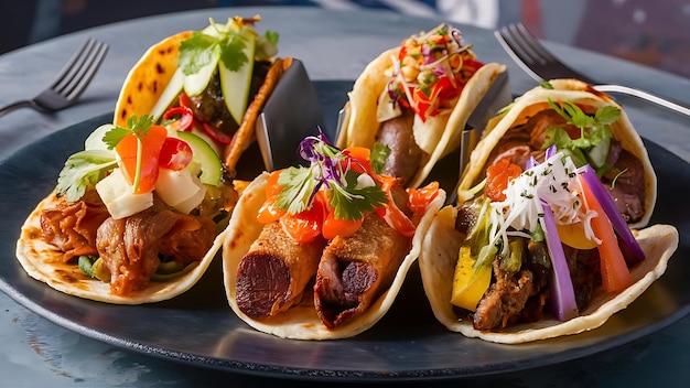 A mouthwatering closeup food photography featuring a colorful array of tacos